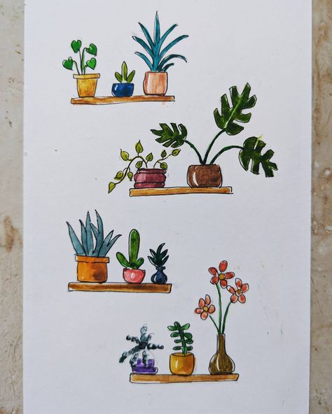 Plants on shelves 🌵 #watercolor #aquarelle #watercolorpainting #cactus #succulents #art #watercolortutorial #artwork #painting How To Draw Plants Easy, Plant Drawings Simple, Succulents Painting, Plants On Shelves, Succulents Art, Mini Drawing, Succulent Watercolor, Plant Drawings, Morden Art