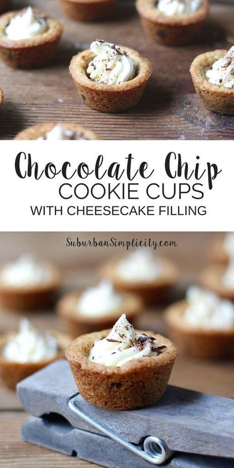 These Chocolate Chip Cookie Cups with Cheesecake Filling are a delicious dessert! A crisp outer edge and soft chewy middle filled with cheesecake makes this recipe irresistible! A dessert recipe idea that won't disappoint! Chocolate Chip Cookie Cups, Mini Cupcake Pan, Cookie Cups Recipe, Coconut Dessert, Single Serve Desserts, Brownie Desserts, Dessert Aux Fruits, Cheesecake Filling, Oreo Dessert