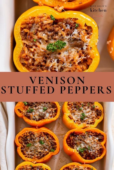 Stuffed peppers are one of my favorite meals. They are perfectly portioned, add such great flavor to a meal, and are much less clean-up. Win-win! This recipe is a great one to do before maternity leave or if you are prepping meals ahead of time to make your week easier. It's chock full of delicious, flavorful venison meat, rice, and lots of veggies. #venison #venisonrecipes #easyweekdaymeals #weekdaydinner #deermeat #wildgame #easydinnerideas #healthydinnerideas Dinner With Deer Meat, Deer Meat Meal Prep, Low Carb Ground Venison Recipes, Deer Ground Meat Recipes Simple, Healthy Ground Deer Meat Recipes, Elk Stuffed Peppers, Ground Oryx Recipes, Meals With Canned Venison, Healthy Elk Meat Recipes