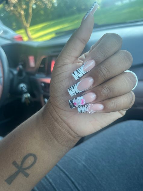 Nails Zebra Print, Black Hello Kitty, Wigs Hairstyles, Zebra Print Nails, Kitty Nails, Zebra Nails, Hello Kitty Nails, Print Nails, Cat Nails