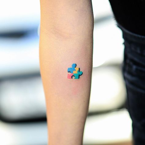 Colorful, hand-poked puzzle piece tattoo by zzizziboy Puzzle Piece Tattoo, Puzzle Tattoos, Awareness Tattoo, Pieces Tattoo, Full Body Tattoo, Tatuaje A Color, Large Tattoos, Feather Tattoos, Mom Tattoos