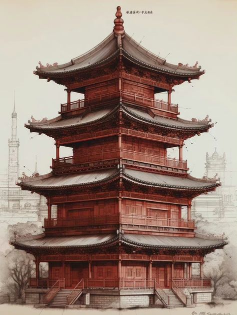 Japanese Tower Drawing, Old Chinese Architecture, Chinese Temple Architecture, Japanese Ancient Architecture, Old Japanese Architecture, Chinese Architecture Traditional, Chinese Roof, Chinese Buildings, Modern Japanese Architecture