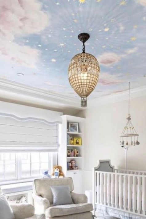 ways to decorate the nursery ceiling (2) Wallpaper Ceiling Nursery, Pink Cloud Nursery, Nursery Ceiling, Cloud Bedroom, Sky Room, Ceiling Mural, Nursery Decorating Ideas, Sky Nursery, Sky Ceiling