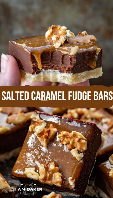 Salted Caramel Fudge Bars are a buttery shortbread crust topped with a layer of chocolate fudge, drizzled with caramel, and sprinkled with salt and walnuts. Sea Salt Caramel Bars, Salted Caramel Chocolate Bars, Caramel Chocolate Shortbread Bars, Fudge Salted Caramel, Shortbread Caramel Chocolate Bars, Salted Caramel Turtle Fudge Bars, Chocolate Caramel Fudge, Food Clay, Sweet Deserts