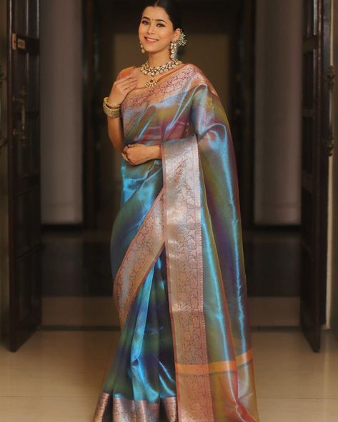 On Sale Rs.1499/- Free Shipping Beautiful Jacquard Border Tissue Silk Saree With Beautiful Rainbow Shining color and pallu and attached running Blouse also* Fabric : Tissue Silk (5.5mtr) Blouse piece 1 mtr. Code:GF1457888510508 Tissue Silk Saree, Set Saree, Tissue Saree, Banarasi Saree, Blouse Material, Soft Silk Sarees, Classic Jewelry, Banarasi Sarees, Party Wear Sarees