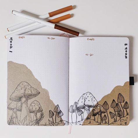 Nature Bujo Theme, Mushroom Journal Ideas, Diary Planner Ideas, Forest Journal Ideas, Mushroom Bullet Journal Theme, Bullet Journal Mushroom Theme, What To Write In Journal, Autumn Journal Ideas, Nature Journal Cover