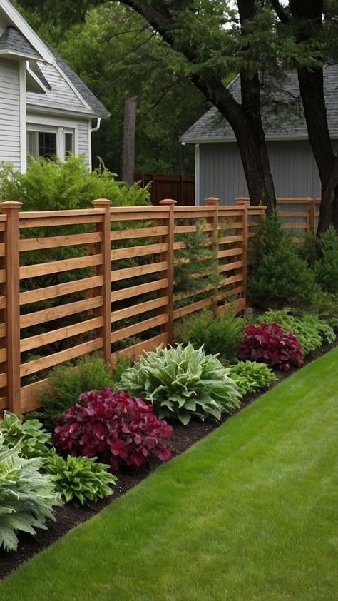 Non Privacy Fence Ideas, Landscaping Evergreens Front Yard, Fence Line Flower Bed Ideas, Garden Along House Wall, Easy Front Landscape Ideas, Modern Wooden Fence Ideas, Simple Landscape Backyard, Landscaping Narrow Strip, Front Yard With Porch Landscaping