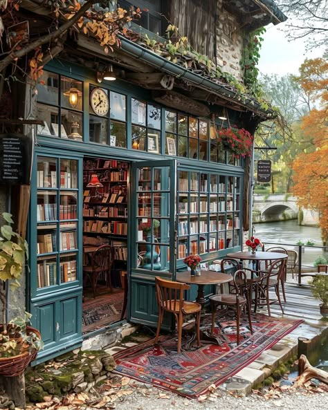 Cool Bookstore Design, Cozy Book Store Cafe, Small Book Cafe Ideas, Concept Cafe Ideas, Coffee Shop Garden Outdoor, Flower Book Cafe, Book Store Cafe Design, Little Cafe Design, Bookstore Wine Bar