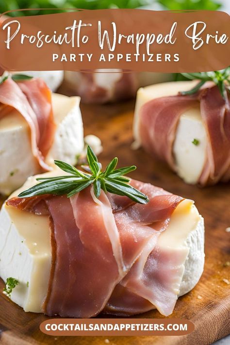 Prosciutto Wrapped Brie is an easy to make appetizer perfect for parties and Christmas party food. 3 ingredient holiday appetizer guests will love. Brie Prosciutto Appetizer, Brie And Prosciutto Appetizers, Proscuitto Appetizers Simple, Prosciutto Wrapped Brie, Proscuitto Appetizers, Brie And Prosciutto, Wrapped Brie, Prosciutto Appetizer, Sweet Appetizer