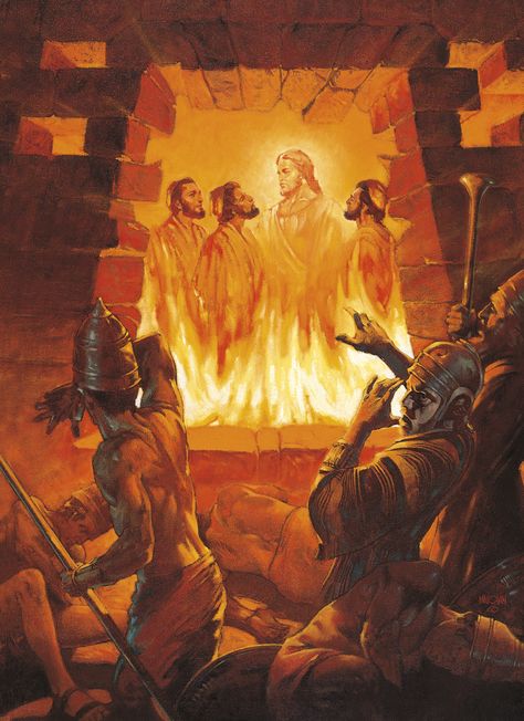 Three Men in the Fiery Furnace (Shadrach, Meshach, and Abednego in the Fiery Furnace), by William Maughan (62093); GAK 116; GAB 25; Primary manual 1-56; Primary manual 6-14; Daniel 3; Alma 36:3 Fiery Furnace, Biblical Artwork, Bible Images, Bible Illustrations, Bible History, Bible Characters, Bible Pictures, Prophetic Art, Ayat Alkitab