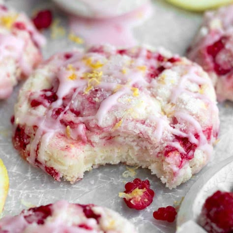 Lemon Raspberry Cookies Raspberry Lemon Cookies, Lane And Grey Fare, Eggless Sugar Cookie Recipe, Lemon Raspberry Cookies, Eggless Sugar Cookies, Raspberry Glaze, Raspberry Cookies, Frozen Raspberries, Raspberry Recipes