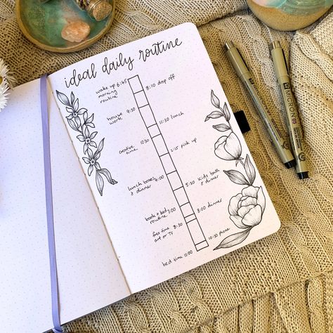 Bujo Routine Page, Ideal Day Routine, Bujo Ideal Day, Grid Journal, Bullet Journal Daily Routine, Ideal Daily Routine, Daily Planner Bullet Journal Layout, Ideal Day Bullet Journal, Bullet Journal To Do List Layout Daily