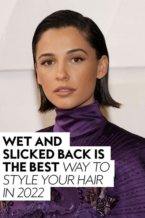 This out-of-the-shower wet hair look has elevated from crunchy curls to a slicked back long hair style. #hairtips #hairinspiration Slicked Wet Hair Look, Slick Back Wet Hair Look Short, Short Hair Wet Hairstyles, Slicked Back Hair Short For Women, Wet Hair Look On Short Hair, Slicked Bob Short Hair, Slicked Back Shoulder Length Hair, Short Curly Wet Hair Look, Slicked Back Hair Outfit Casual