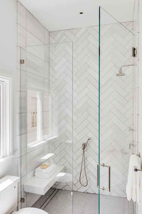 Steam Showers Bathroom, Herringbone Tile, Bathroom Renos, Bathroom Remodel Master, Bath Remodel, Full House, Glass Shower, Guest Bathroom, White Bathroom