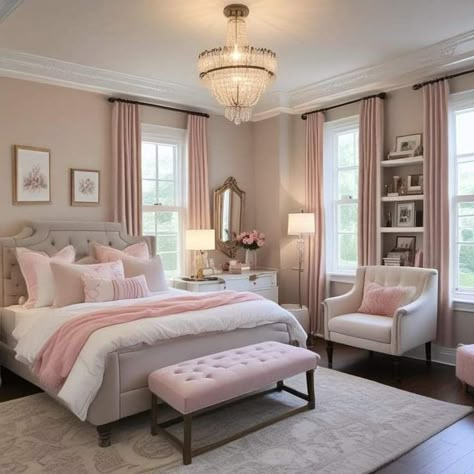 Sophisticated Feminine Bedroom, Femine Bedroom Ideas Home Decor, Cozy Chic Bedroom, Pink White Decor, Room Decor Bedroom Rose Gold, Nyc Bedroom, Cute Window, Bedroom Vibes, Plush Bed