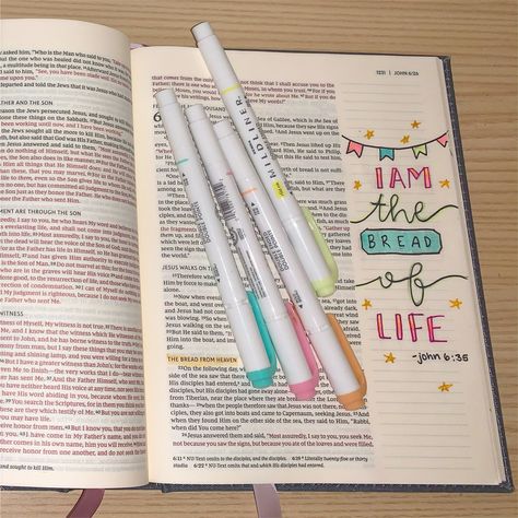 John Chapter 5 Bible Journaling, John 6 Bible Journaling, John Bible Study Notes, Decorating Bible, Bible Devotional Journal, John Bible, Bible Highlighting, John 6 35, Bible Doodles