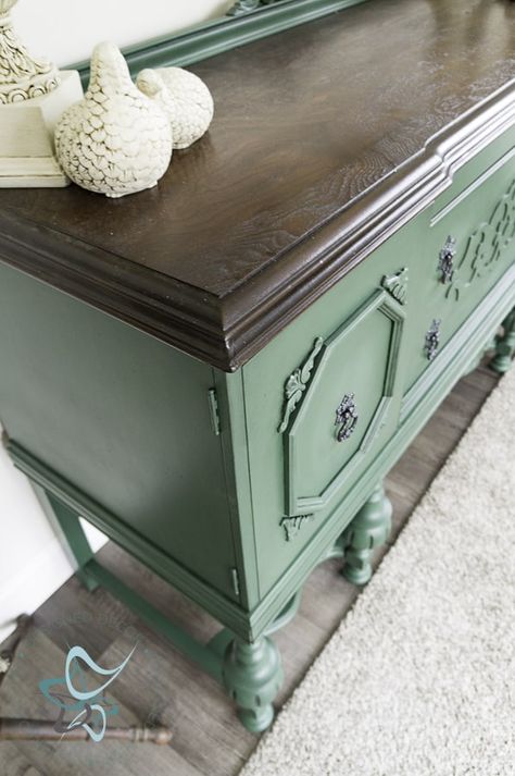 Dark Green Buffet Cabinet, Painted Furniture With Stained Top, Emerald Green Buffet Cabinet, Moss Green Painted Furniture, Buffet Table Redo, Old Buffet Makeover Ideas Antique, Buffet Color Ideas, Antique Green Furniture, Blue Green Painted Furniture