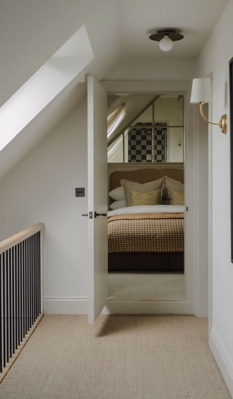 Tongue And Groove Staircase, Attic Bedroom Staircase, Converted Attic Bedroom, Hidden Attic Door, Cognac Bedroom, Loft Interior Bedroom, Tiny Attic Bedroom, Room With Beams, Bedroom Loft Ideas