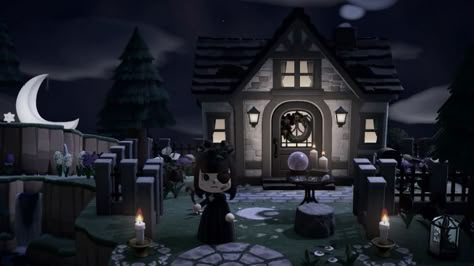 Goth House Exterior, Witch House Exterior, Animal Crossing Island Inspiration, Acnh Spooky, Acnh Halloween, Goth House, Goth Houses, White Exterior Houses, Cozy Gaming