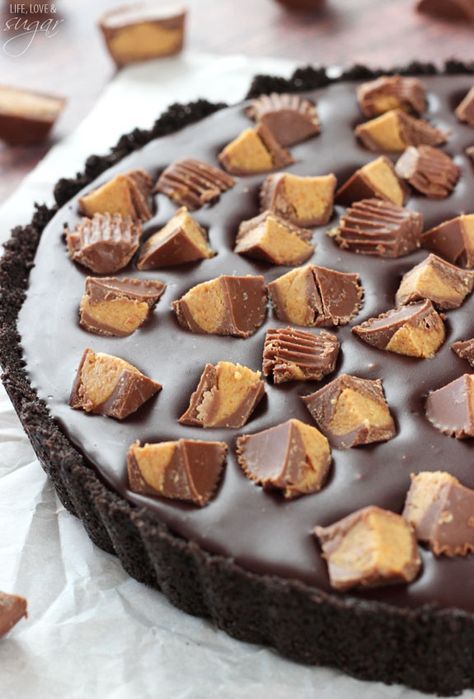 Reeses Chocolate Peanut Butter Tart - Oreo crust filled with chocolate and peanut butter ganache! No bake, so easy and delicious! Peanut Butter Tart, Butter Ganache, Reeses Cake, Butter Tart, Chocolate Peanut Butter Desserts, Reese's Chocolate, Butter Tarts, Tart Dessert, Oreo Crust