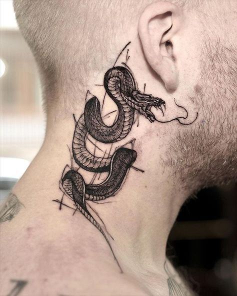 Snake tattoo on neck Neck Tattoo For Boys, Dragon Tattoo Neck, Sketch Snake, Underarm Tattoo, Tattoo Training, Colour Tattoo For Women, Cobra Tattoo, Side Neck Tattoo, Serpent Tattoo