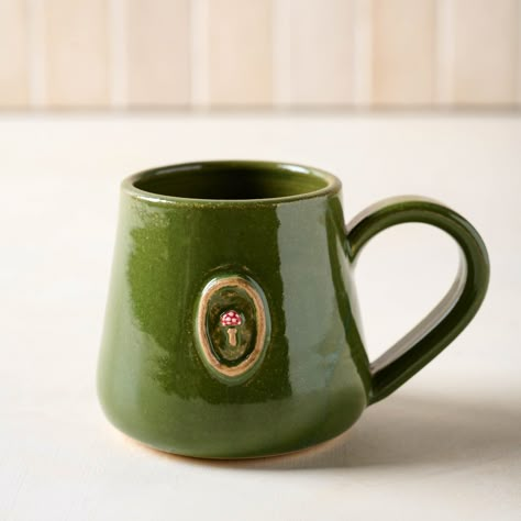 Oak Art, Green Mushroom, Handmade Mugs, Handmade Clay Jewelry, Green Mugs, Pottery Inspo, Morning Cup Of Coffee, Pottery Classes, Ceramics Pottery Art