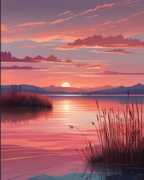 Beautiful Shots Sunset With Butterflies, Sunset Hills Painting, Lake Painting, Lake Sunset, Amazing Sunsets, Sunset Painting, Beautiful Scenery, Praise God, Beautiful Sunset