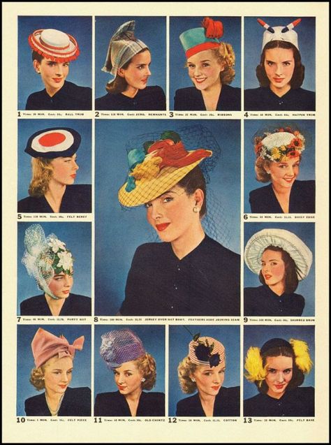 Make Your Own Hat, 1940s Hats, 1940s Hairstyles, Kinds Of Hats, Fashion 1940s, Vintage Millinery, Rosie The Riveter, Rita Hayworth, 40s Fashion