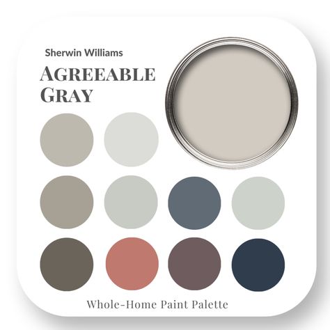 Agreeable Gray - Perfect Colour Palettes - Claire Jefford Agreeable Gray Walls With Dark Wood Floors, Agreeable Gray Decorating Ideas, Agreeable Gray Sherwin Williams Color Scheme, Colors That Go With Agreeable Gray, Gray Complimentary Colors, Agreeable Gray Complimentary Colors, Agreeable Gray Color Palette, Agreeable Gray Kitchen, Agreeable Gray Coordinating Colors