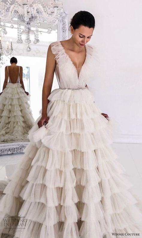 winnie couture 2022 bridal sleeveless flutter sleeve v neckline tiered ruffle skirt a line ball gown wedding dress chapel train (5) mv -- Winnie Couture Wedding Dresses | Wedding Inspirasi #wedding #weddings #bridal #weddingdress #weddingdresses #bride #fashion #collection:20thAnniversaryCollection #label:WinnieCouture #week:342022 #year:2022 ~ Tiered Ruffle Wedding Dress, Tulle Ruffle Wedding Dress, Ruffle Skirt Wedding Dress, Layered Tulle Wedding Dress, Wedding Dress Ruffle, Layered Wedding Dresses, A Line Ball Gown, Tiered Wedding Dress, Ruffle Skirts