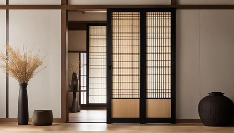 Japandi Door Ideas: Elegant Blends of Style & Function - Mojo Boutique Asian Door Design, Japanese Style Door, Japandi Door Design, Japandi Door, Scandinavian Japanese Interior, Wooden Glass Door, Night Stands Bedroom, Modern Japanese Interior, Japanese Door