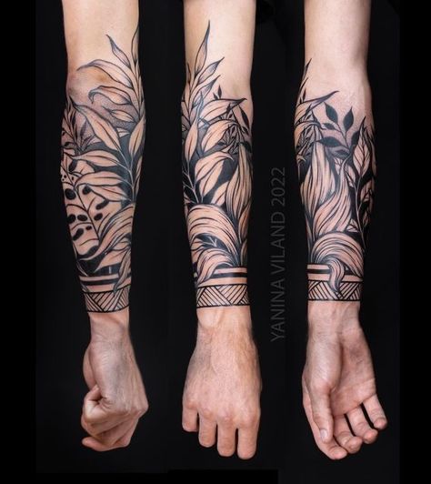 Mens Floral Forearm Tattoo, Tropical Tattoo Sleeve For Men, Japanese Leaves Tattoo, Arm Plant Tattoo, Full Arm Plant Tattoo, Tropical Leaves Sleeve Tattoo, Mens Floral Tattoo, Plant Arm Sleeve Tattoo, Leafy Floral Sleeve Tattoo