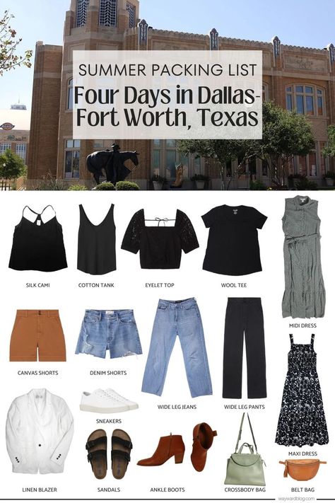 Packing For Texas Summer, Packing For Houston Texas, Texas In October Outfits, Texas Capsule Wardrobe, Outfits For Road Trips Summer, Outfits For Texas Summer, 4 Nights Packing List, Outfits For San Antonio Texas, What To Wear In Texas Summer