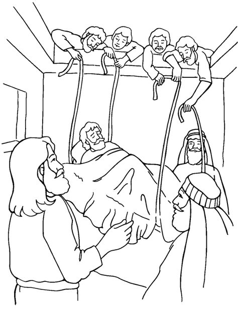 free coloring bible pictureof jesus healing the paralized man | Jesus Heals the Paralytic - Coloring Page Paralyzed Man Bible Craft, Plan Of Salvation Coloring Page, Jesus Heals The Paralyzed Man Activity, The Good Shepherd Coloring Page, Jesus Heals The Paralyzed Man, Jesus Heals Paralyzed Man, Sunday School Coloring Sheets, Jesus Healing, Coloring Bible