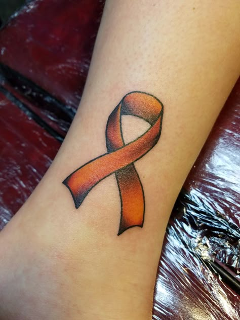 Orange ribbon for leukemia tattoo. Simple yet classy Ribbon And Semi Colon Tattoo, Ms Ribbon Tattoo, Kidney Ribbon Tattoo, Orange Ribbon Tattoo, Survivor Ribbon Tattoo, Citrus Tattoo, Crohns Ribbon Tattoo, Orange Awareness Ribbon Tattoo, Ms Tattoos