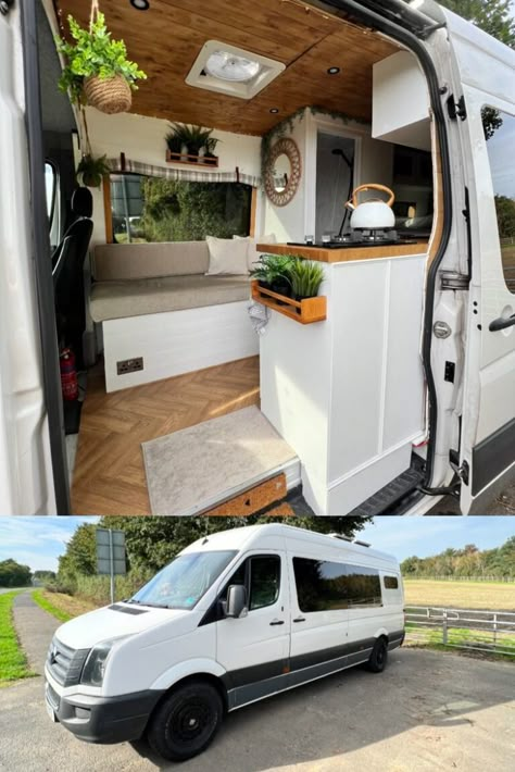 Travel in style and comfort with 2016 VW Crafter Long Wheelbase (LWB) Campervan Conversion. This campervan is the perfect blend of rustic Scandi style and dependable VW Crafter reliability. Get ready to embark on unforgettable adventures with this well-equipped and adventure-ready campervan. Amazing Campervan Interiors, Vw Crafter Campervan, Vw Crafter Lwb Conversion, Campervan Interior With Bathroom, Van Living Interior Layout, Lwb Van Conversion, Campervan Layout Floor Plans, Vw Crafter Conversion Layout, Vw Crafter Conversion