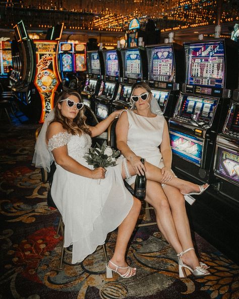 Elope in Vegas in a classic pink Cadillac, pop some bubbly, eat pizza and hit the slots. How much fun is this? Las Vegas Elopement Photographer: @treeoflifelasvegas @treeoflifefilmsandphotos Vegas Wedding Chapel: @littlewhiteweddingchapel . . . . #lasvegaselopementphotographer #lasvegasweddingphotographer #vegaselopement #elopement #weddinginspo #loveislove #lgbtqweddings #lgbtqweddingphotographer #elopementphotographer #dtlv #elopevegas #littlewhitechapel Vegas Lesbian Wedding, Elope In Vegas, Vegas Elopement Casino, The Neon Museum Las Vegas Weddings, Las Vegas Lesbian Wedding, Wedding Vegas, Vegas Wedding Neon Museum, Neon Sign Museum Las Vegas Wedding, Vegas Wedding Photos