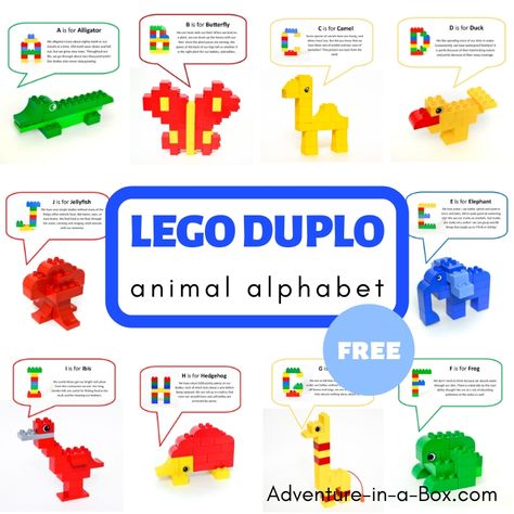 Use Lego Duplo to build animals while learning the alphabet! Included are 26 free printable cards with ideas of animal and letter designs. Lego Patterns Printable Templates, Duplo Lego Ideas Free Printable, Duplo Pattern Cards Free Printables, Free Lego Instructions Step By Step Printable, Lego Duplo Pattern Cards Free Printable, Lego Task Cards Free Printable, Duplo Stamped Dinosaurs, Lego Duplo Animals, Lego Duplo Sets