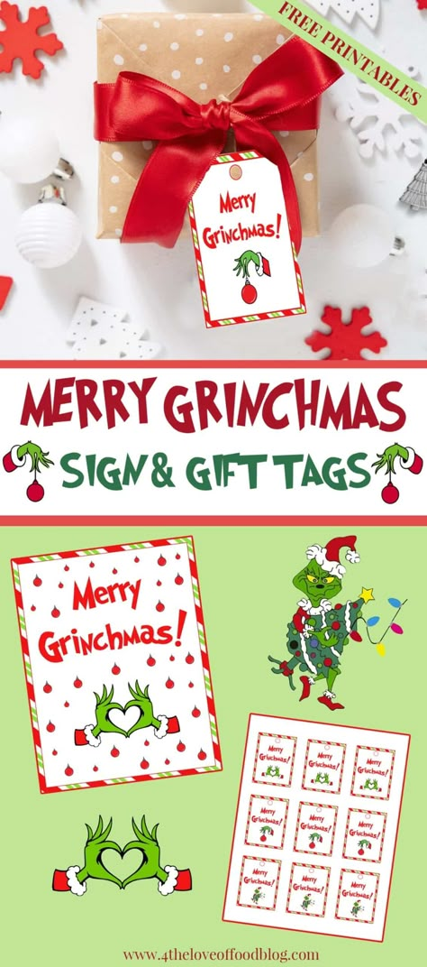 These adorable Grinch themed tags are the perfect addition to any gift or basket. Add the Merry Grinchmas sign to a frame for an easy gift idea or display at home for a fun and simple Christmas decoration! Merry Kissmas Printable Free, Grinch Tags Printable Free, Grinch Printables Free Signs, Grinch Kisses Tag, Free Christmas Printables Tags, Merry Christmas Tags Printable Free, Grinch Printables Free, Grinch Gift Tags, Grinch Tags