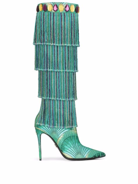 green/multicolour silk blend/leather patterned jacquard metallic threading fringed edge gemstone detailing pointed toe pull-on style knee-high high stiletto heel Boots Store, Dolce Gabbana Shoes, Dolce E Gabbana, Boots For Sale, Dolce & Gabbana, Stiletto Heel, Boot Shoes Women, High Boots, Knee High Boots