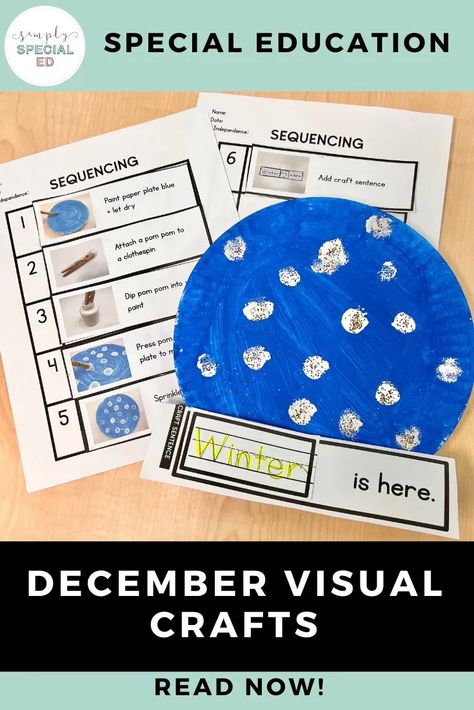 Keep your special education students engaged during the holiday season with these visual crafts for December. These visual crafts are great for working on following directions, building fine motor skills, and reflecting on their work. Students get to make a tin foil ornament, a paper plate gingerbread man, a paper plate snowball craft, and a reindeer craft. Learn more about this holiday crafts today! Art For Special Education Students, Crafts For December, Snowball Craft, Fine Motor Centers, Special Education Lesson Plans, Emergent Literacy, December Activities, Self Contained Classroom, Reindeer Craft