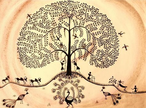 Hayat ağacı bilgeliği Hand Hart, Worli Painting, Tree Of Life Painting, Tree Of Life Art, Dance Paintings, Life Poster, Indian Folk Art, Krishna Painting, Mural Painting