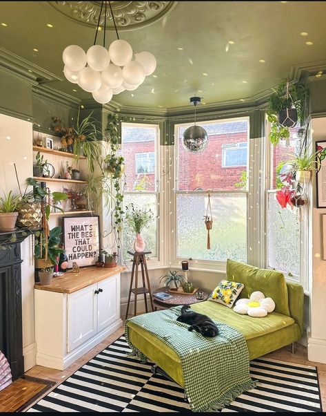 Green Yellow Aesthetic Room, Apartment Eclectic Aesthetic, Feminine Maximalist Decor, Whimsical Studio Apartment, Groovy Living Room Aesthetic, Home Decor Maximalism, Maximalist Apartment Aesthetic, Fun Living Room Colors, 2000s Living Room