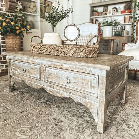 Painted Cottage Style Coffee Table | SHIPS FREE White Rustic Coffee Table, Refurbished Coffee Tables, French Country Coffee Table, Shabby Chic Coffee Table, Upholstered Bench Seat, Farmhouse Coffee Table, Cottage Decorating, Chic Coffee Table, Painted Coffee Tables