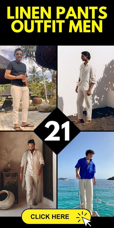 Embrace the warmth of the season with a casual outfit featuring khaki linen pants for men. This versatile piece can be effortlessly paired with a white or grey shirt, embodying a relaxed yet stylish vibe. Opt for wide leg or loose-fitting trousers to enhance comfort and mobility, making it an ideal choice for leisurely days or informal gatherings. Finish the look with beige or navy shoes, crafting a cohesive outfit that exudes a laid-back, sophisticated charm. Outfits With Linen Pants Men, Loose Fit Pants Outfit Men, Linen Pants Outfit Men Casual, Mens Linen Pants Outfit, Mens Linen Outfit, Linen Pants Outfit Men, Linen Outfit Men, Grey Linen Pants, Navy Linen Trousers