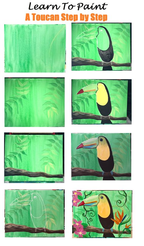 Step by step painting tutorial. How to paint a toucan. Acrylic paint on canvas. From the Step By Step Painting Blog! Rainforest Canvas Painting, Step By Step Bird Painting, Rainforest Painting Easy, Step By Step Canvas Painting Easy, Canvas Tutorial, Painting Step By Step, Creation Art, Canvas Painting Tutorials, Drawing Step