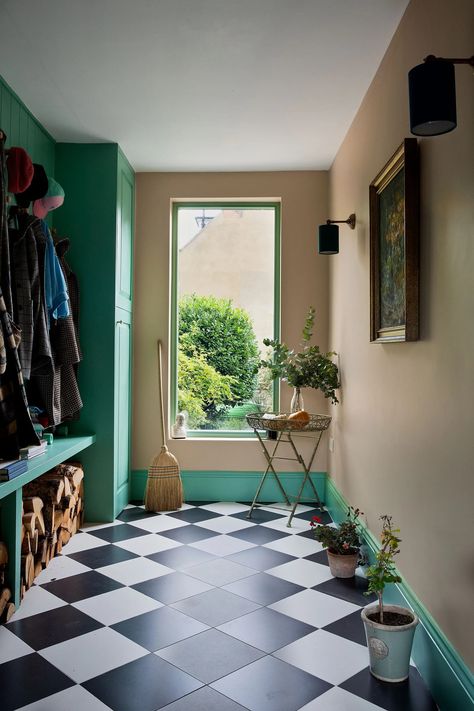 Farrow & Ball's 'Setting Plaster' design ideas for bedrooms, kitchens and around the house | House & Garden Arsenic Green, Plaster House, Setting Plaster, Ideas For Bedrooms, Checkerboard Floor, Green Ground, Ideas For Decorating, Limestone Tile, Farrow And Ball