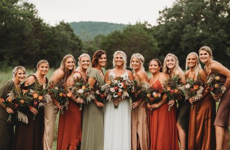 Boho Barn Wedding with Rust, Sage, and Vintage Colors against the Greens of Summer — The Barn at Sparrow Creek Ranch Sage And Cinnamon Wedding, Sage And Copper Wedding, Orange Bridesmaid Dresses Mismatched, Rust And Sage Green Wedding, Cinnamon Wedding, Boho Barn Wedding, Orange Bridesmaid Dresses, Copper Wedding, Mismatched Bridesmaid Dresses