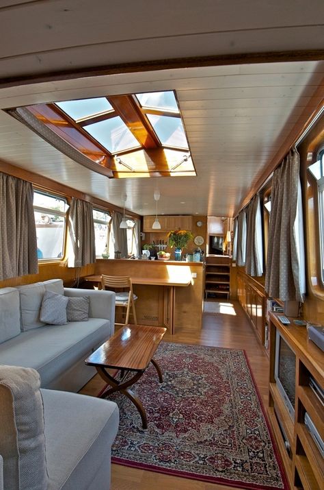 Barge Interior, Canal Boat Interior, Narrowboat Interiors, Boat Interior Design, Boat House Interior, Houseboat Living, Dutch Barge, Urban Interiors, Boat Interior