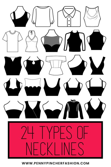 Types of Necklines - Penny Pincher Fashion Dress Neck Line Chart, Different Types Of Necklines, Types Of Necklines, Penny Pincher Fashion, Queen Anne Neckline, Salwar Neck Designs, Different Necklines, Straight Across Neckline, Corporate Dress